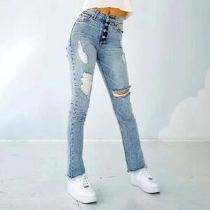 Revice Denin Dream Boyfriend Fit Jeans Button Fly Distressed Raw Hem High Rise